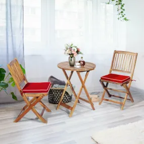 3 Pieces Patio Folding Wooden Bistro Set Cushioned Chair-Red