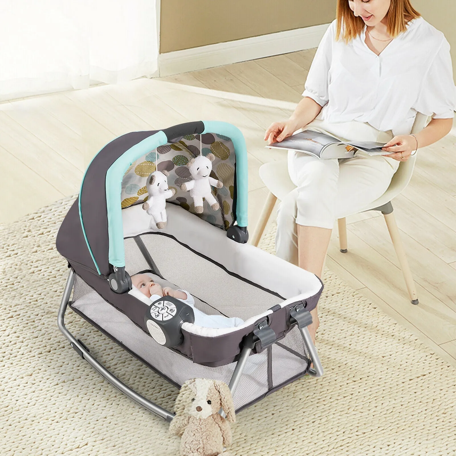 5-in-1 Folding Baby Playard with Removable Bassinet and Changing Table - Blue