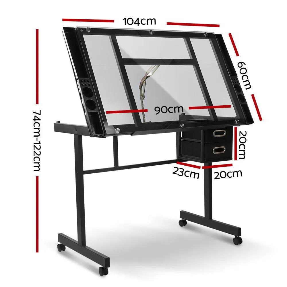 Adjustable Glass Drawing Desk with Storage Trays - Artiss