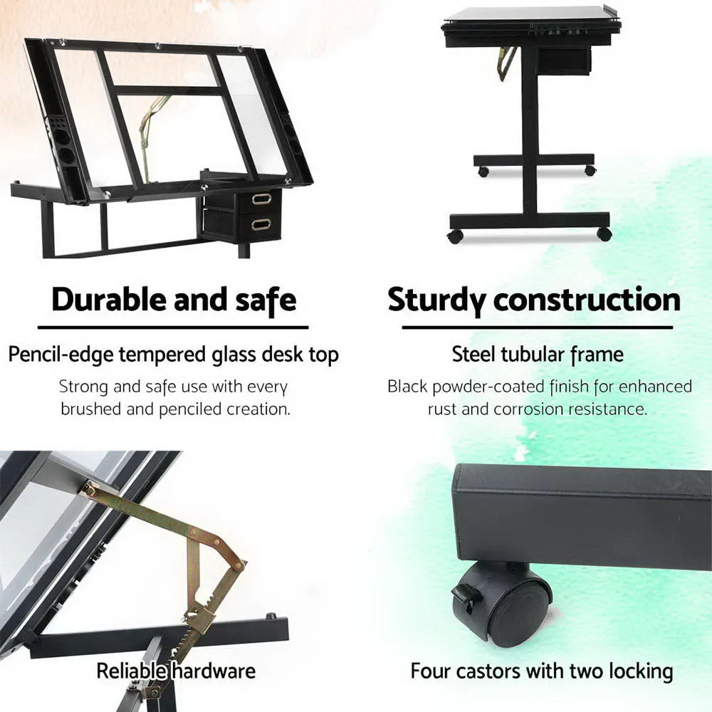 Adjustable Glass Drawing Desk with Storage Trays - Artiss