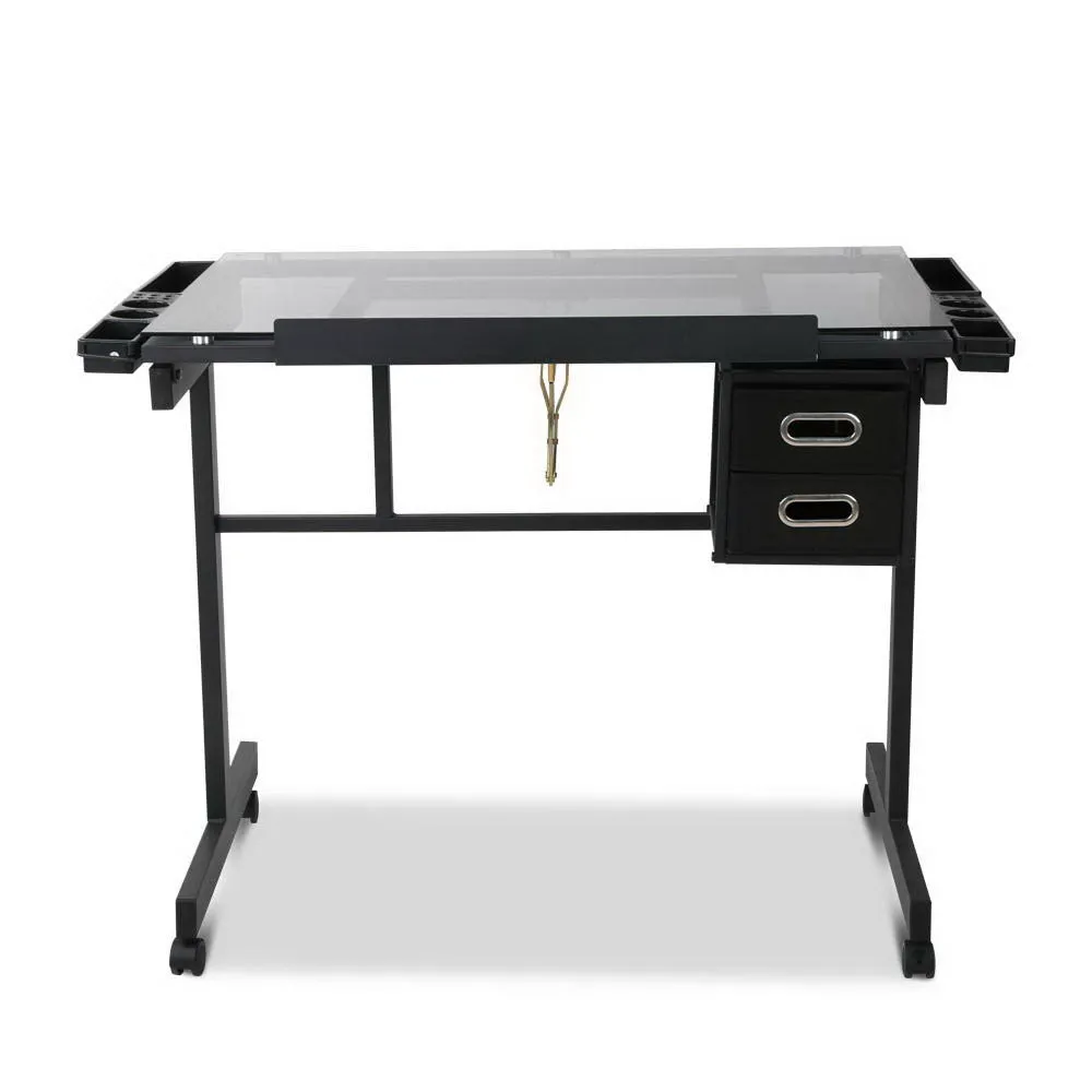 Adjustable Glass Drawing Desk with Storage Trays - Artiss
