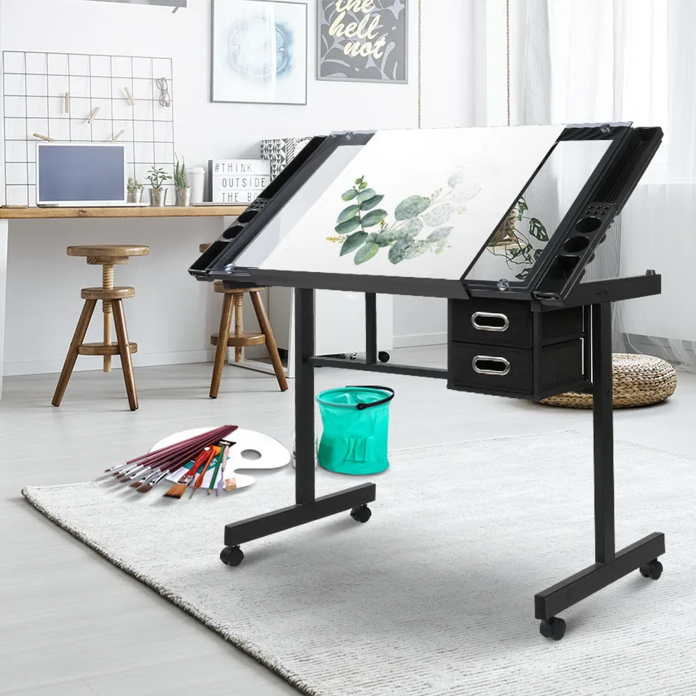 Adjustable Glass Drawing Desk with Storage Trays - Artiss