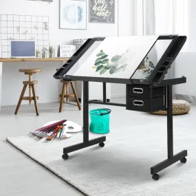 Adjustable Glass Drawing Desk with Storage Trays - Artiss