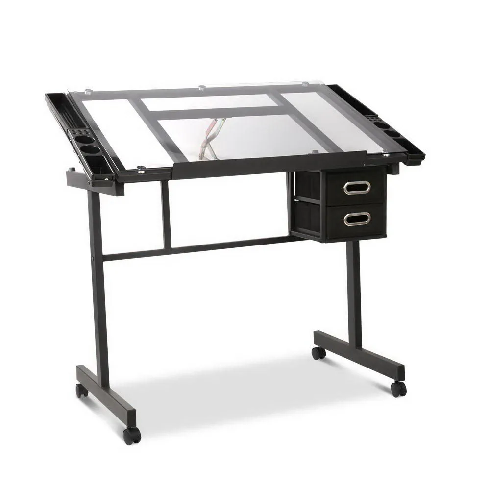 Adjustable Glass Drawing Desk with Storage Trays - Artiss