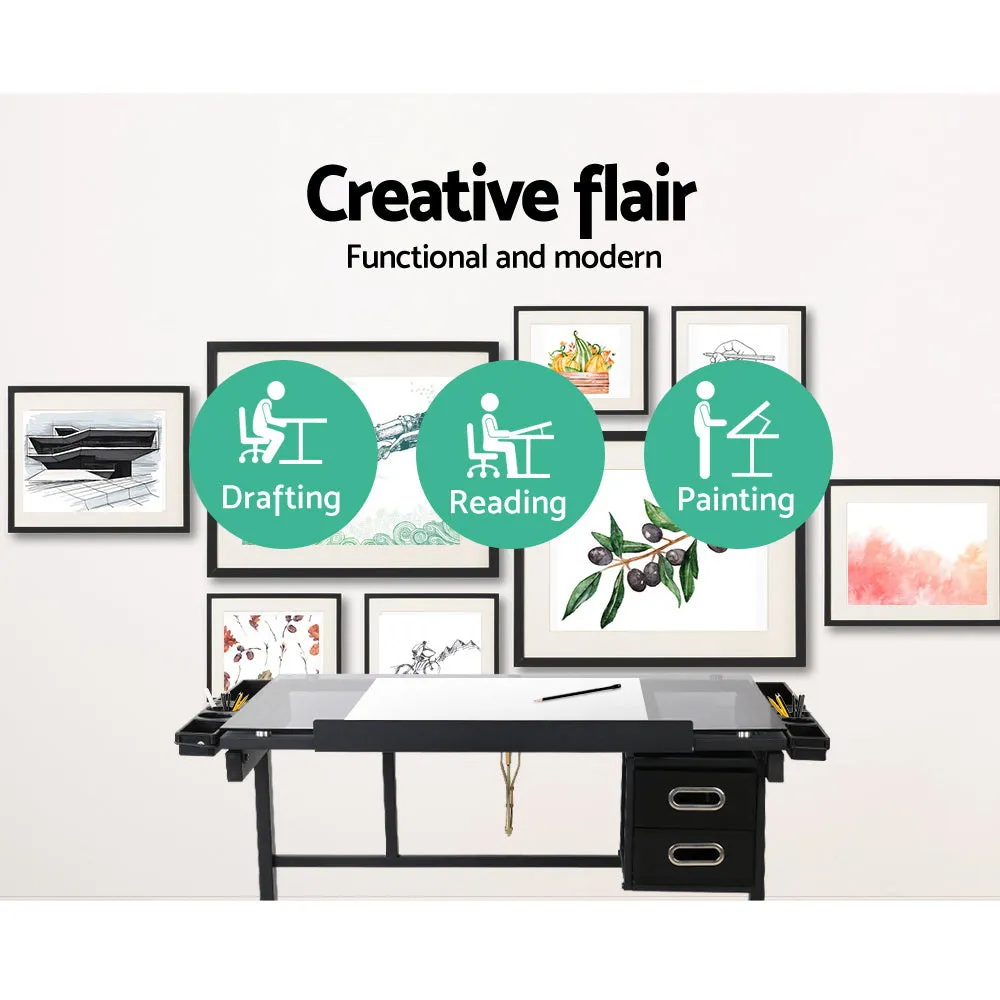 Adjustable Glass Drawing Desk with Storage Trays - Artiss