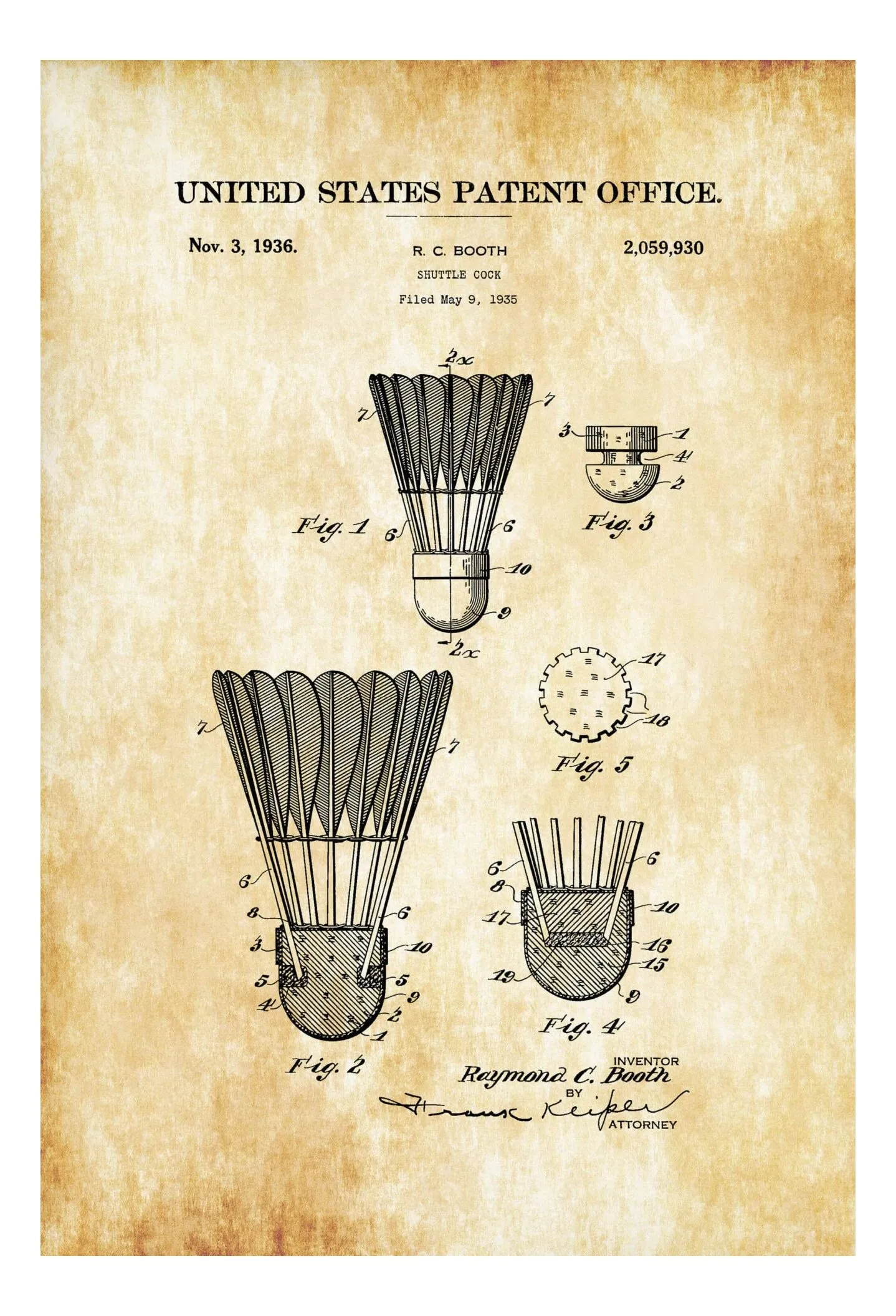Badminton Bird Patent Print 1936 - Shuttle Cock Patent, Wall Decor, Badminton Art, Badminton Patent, Badminton Blueprint, Badminton Poster