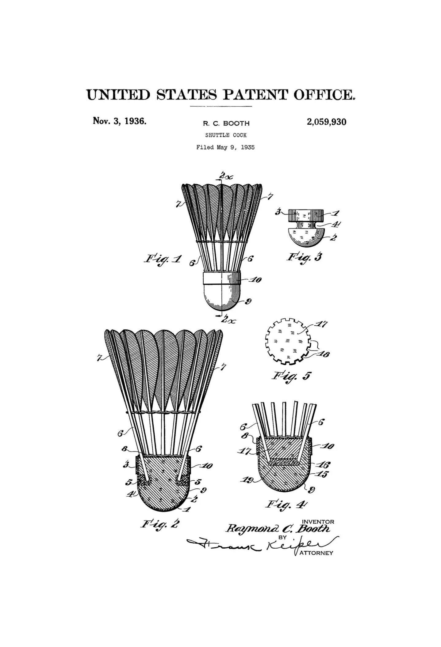 Badminton Bird Patent Print 1936 - Shuttle Cock Patent, Wall Decor, Badminton Art, Badminton Patent, Badminton Blueprint, Badminton Poster