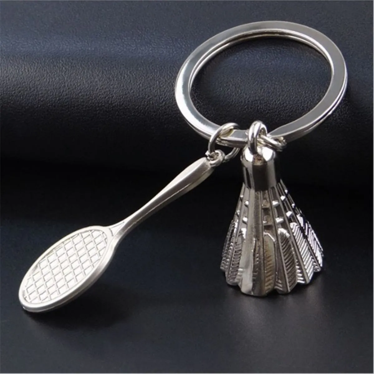 Badminton Racket Racquet Shuttle Cock Sports Silver Key Chain Ring