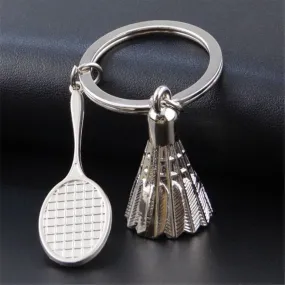 Badminton Racket Racquet Shuttle Cock Sports Silver Key Chain Ring