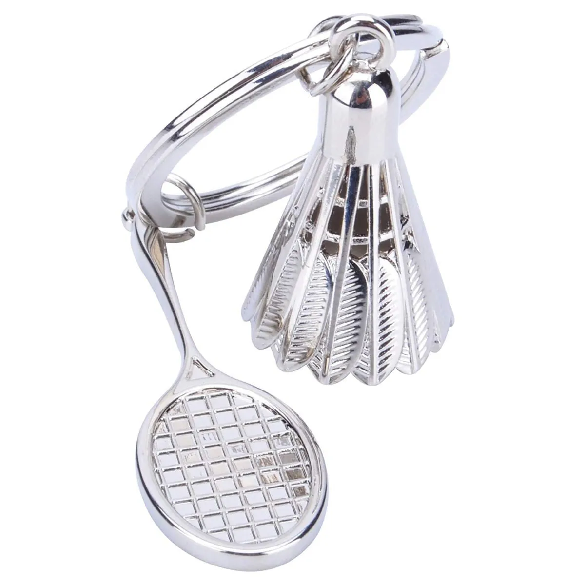 Badminton Racket Racquet Shuttle Cock Sports Silver Key Chain Ring