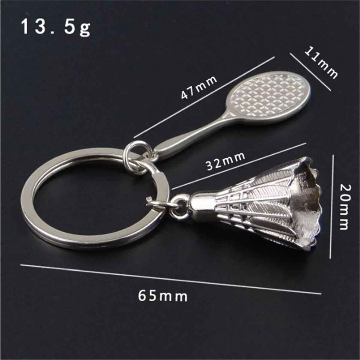 Badminton Racket Racquet Shuttle Cock Sports Silver Key Chain Ring