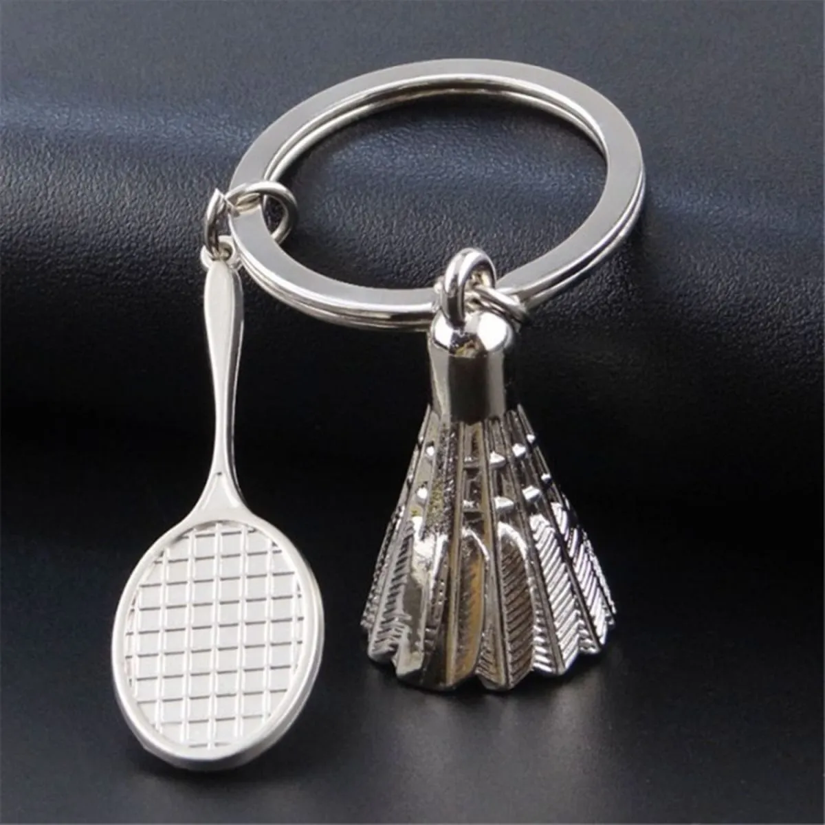 Badminton Racket Racquet Shuttle Cock Sports Silver Key Chain Ring