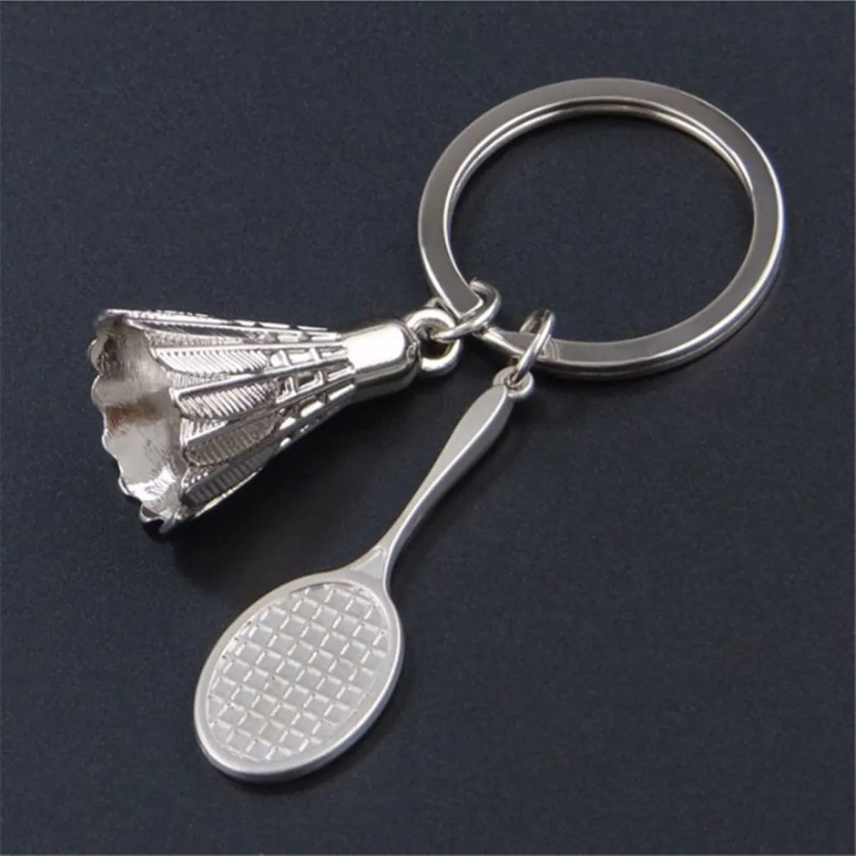 Badminton Racket Racquet Shuttle Cock Sports Silver Key Chain Ring