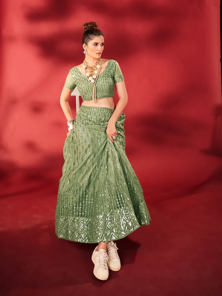 Beautiful Designer Sea Green Sequins Embroidered Net Lehenga Choli