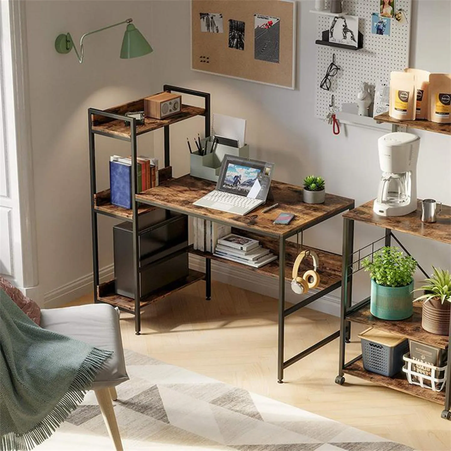 Bestier Computer Office Desk Workstation w/ Storage Shelves & Hook, Rustic Brown