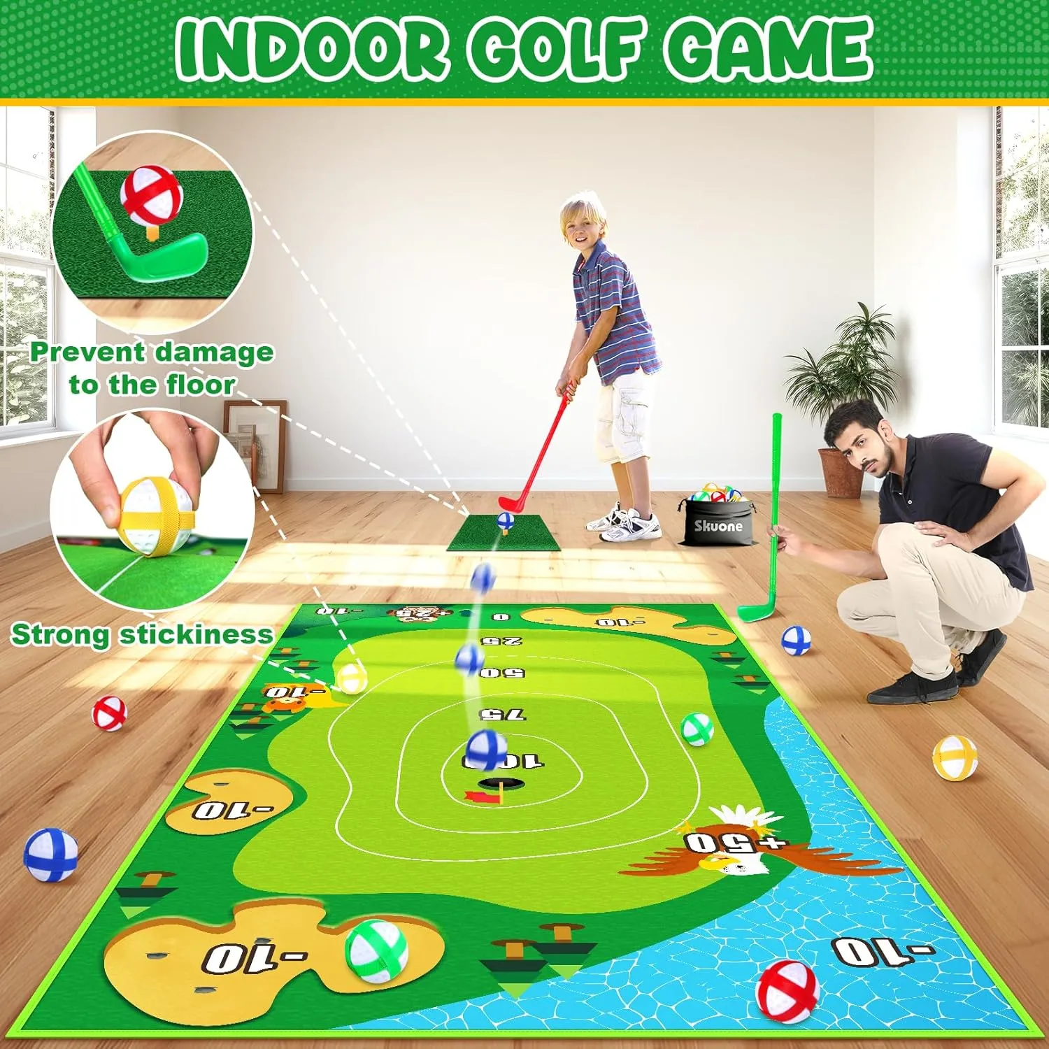 Chipping Golf Toy Game with 2 Clubs, Indoor Outdoor Games for Kids Adults and Family, Sticky Golf Chip Practice Set, Kids Outdoor Play Equipment, Golf Toys for 3 4 5 6 7 8 Year Old Boys Girls