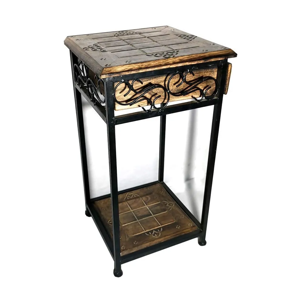 CLASSIC WOOD CARVER Wood and Iron Stool with Drawer for Living Room and Bed Room/Bar Stool/Wooden Stool/Coffee Table/End Table - Corner Stool Solid Wood Side Table with Drawer Solid Wood Side Table