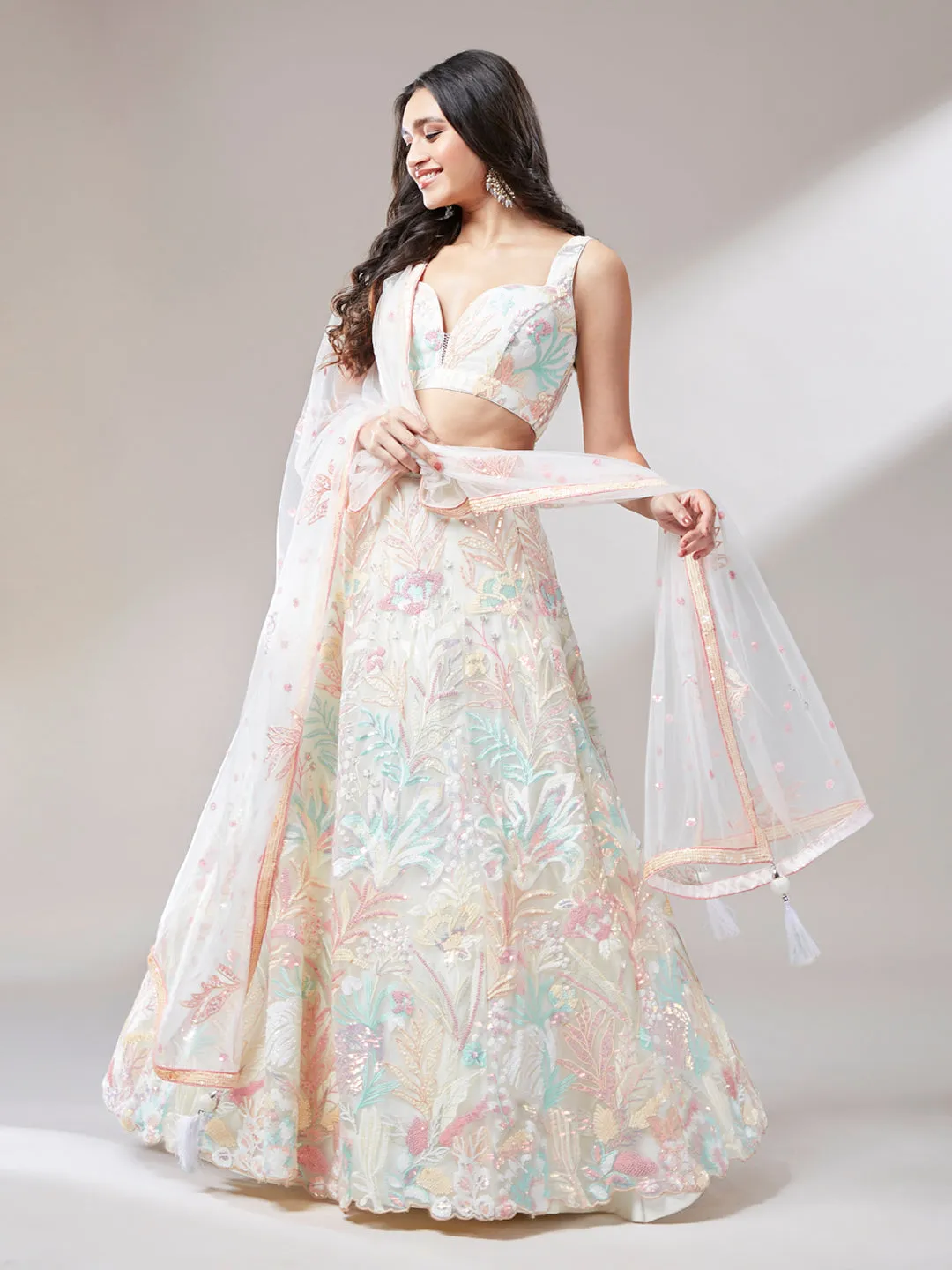 Cream Floral Net Sequin Work Lehenga & Unstitched Blouse with Dupatta