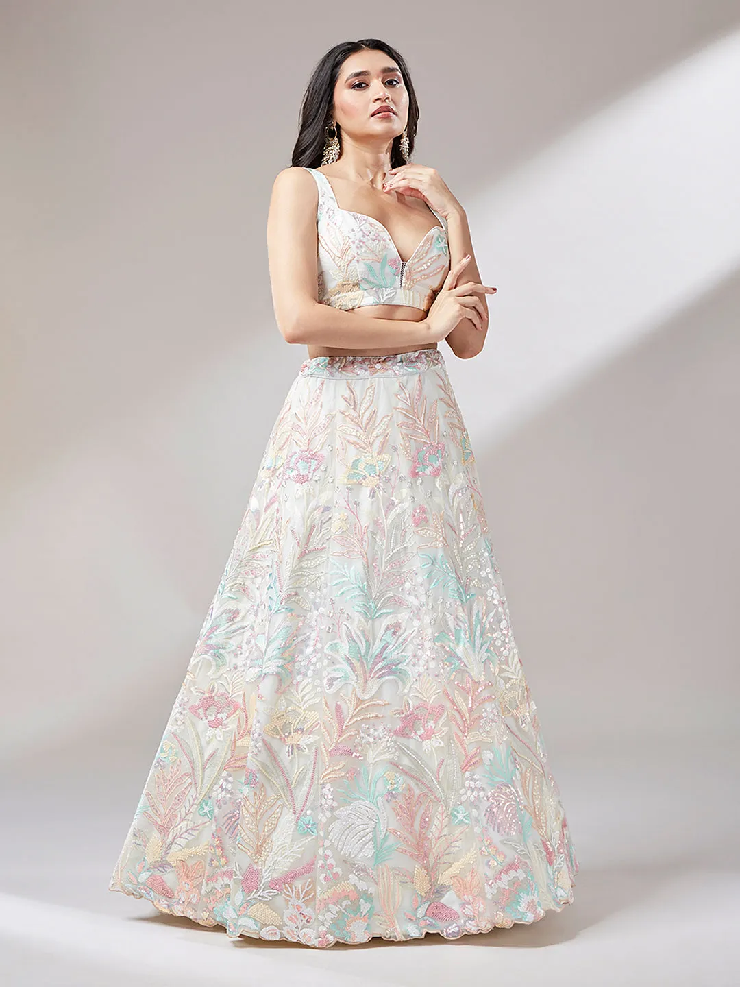 Cream Floral Net Sequin Work Lehenga & Unstitched Blouse with Dupatta