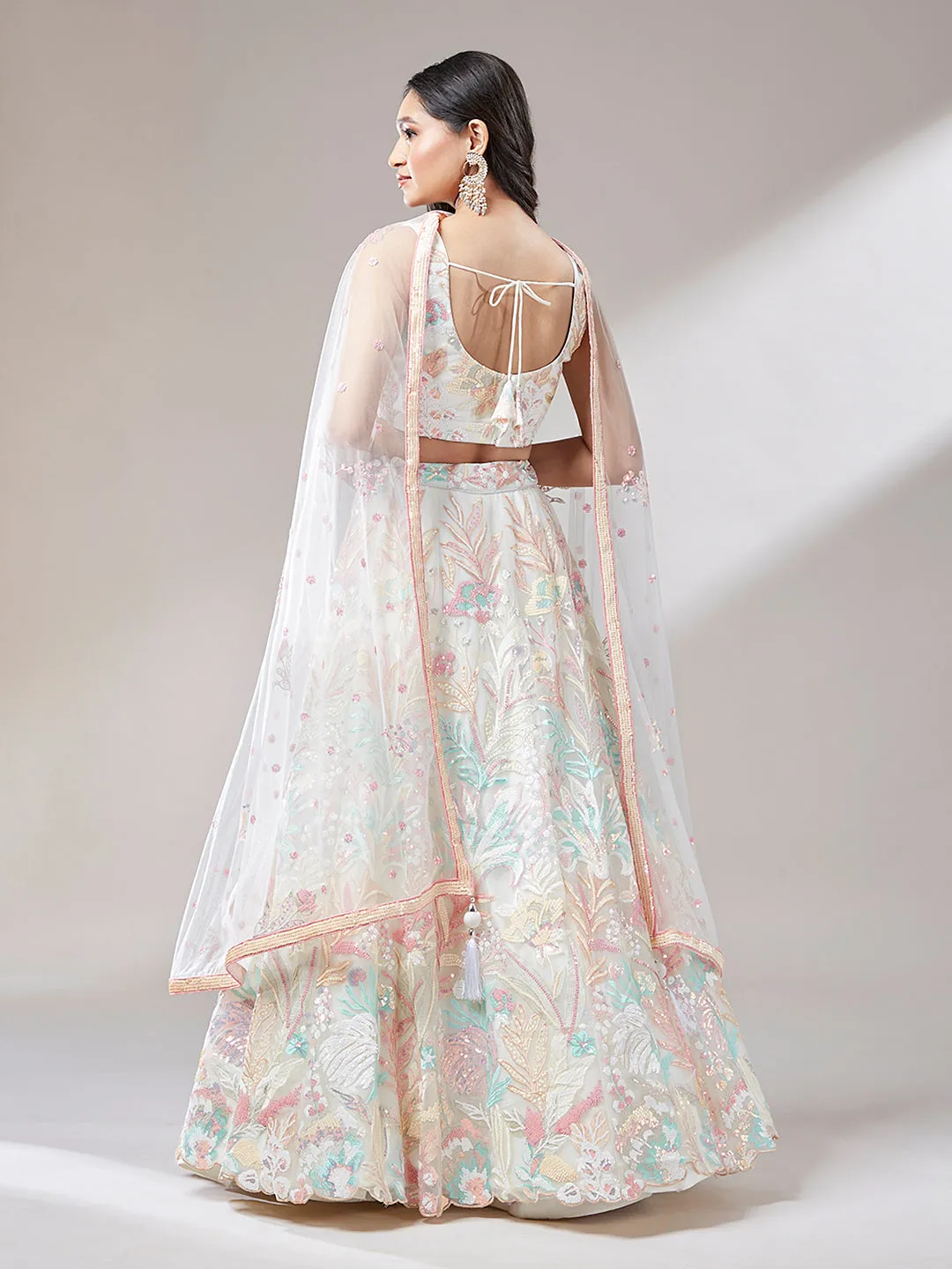 Cream Floral Net Sequin Work Lehenga & Unstitched Blouse with Dupatta