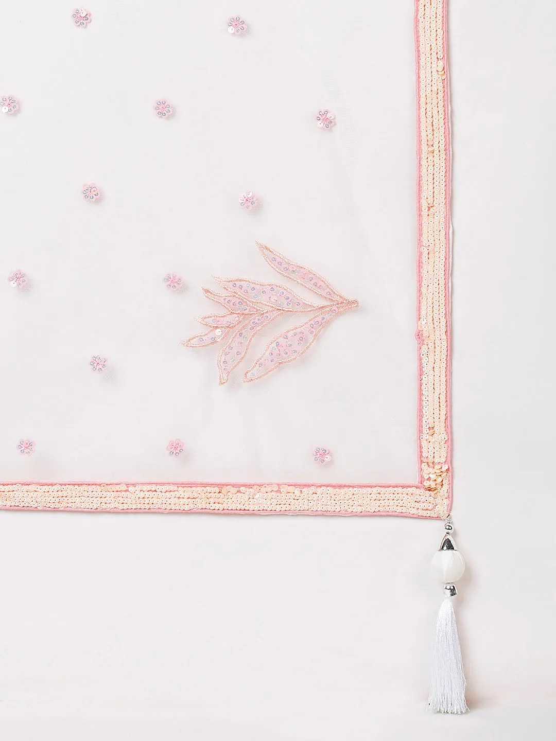 Cream Floral Net Sequin Work Lehenga & Unstitched Blouse with Dupatta