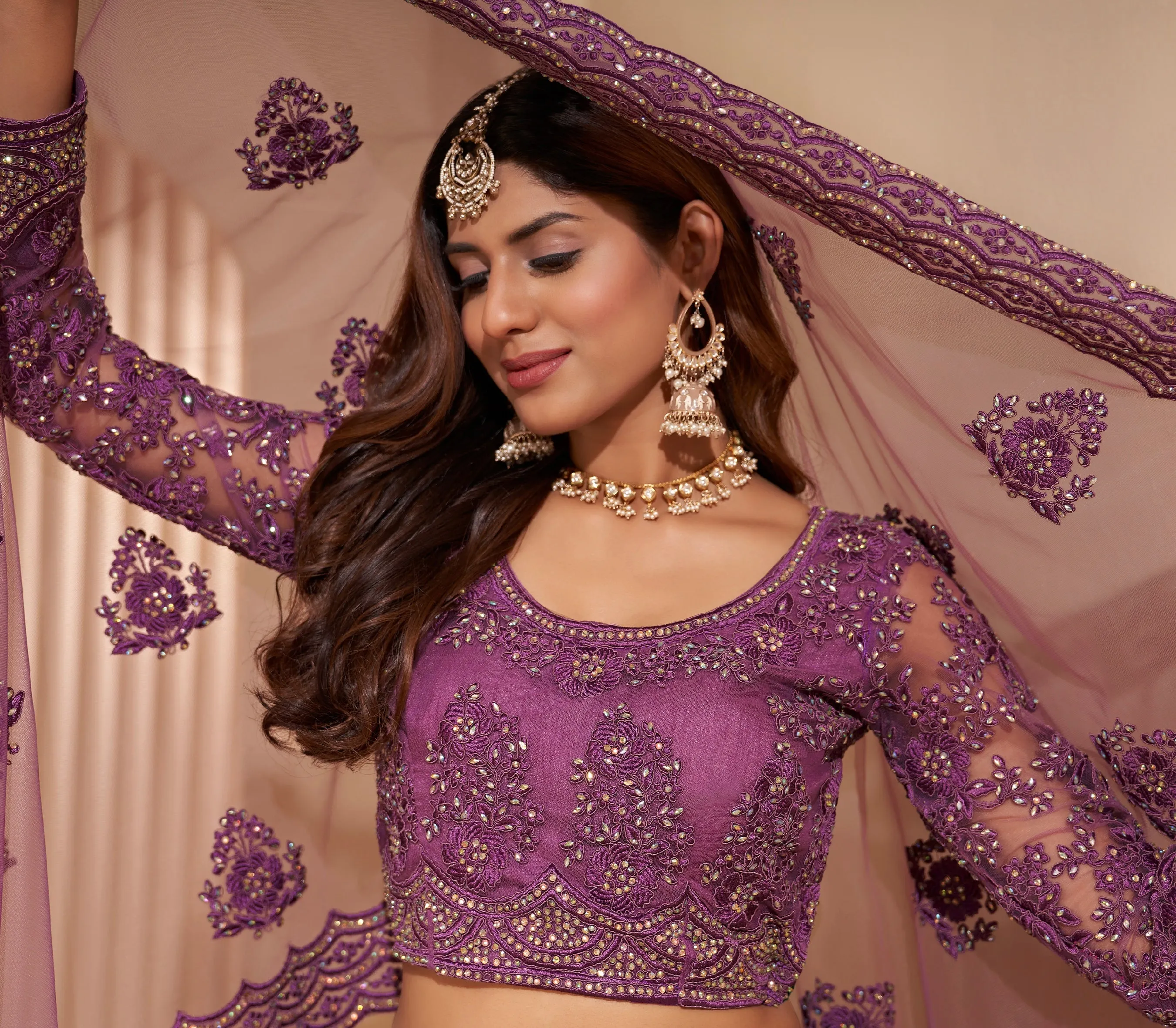 Elegant Dark Orchid Net Lehenga with Silk Inner and Thread & Cording Embroidery