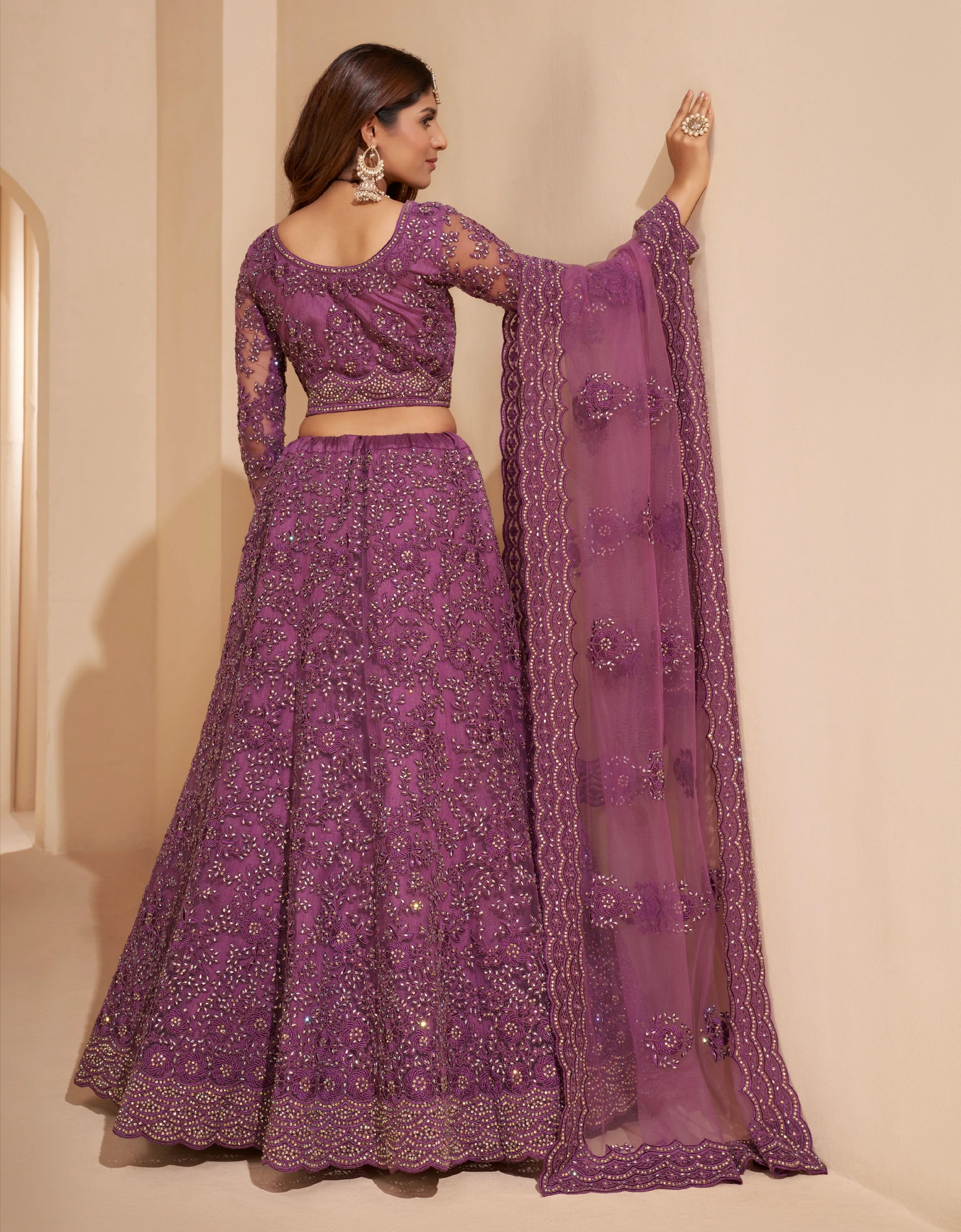 Elegant Dark Orchid Net Lehenga with Silk Inner and Thread & Cording Embroidery