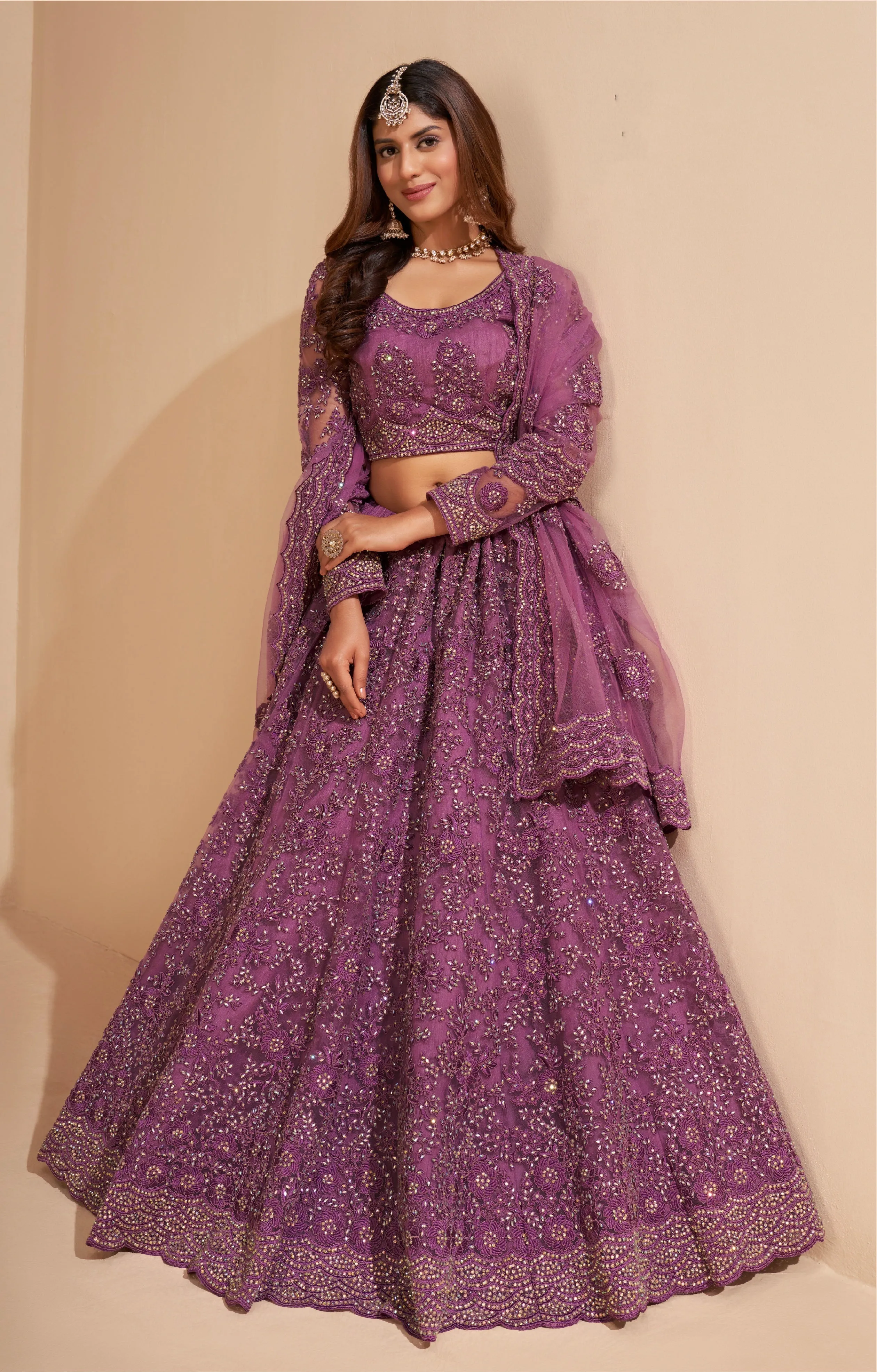Elegant Dark Orchid Net Lehenga with Silk Inner and Thread & Cording Embroidery