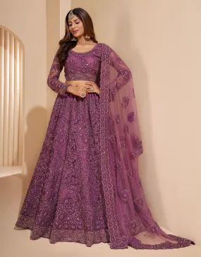 Elegant Dark Orchid Net Lehenga with Silk Inner and Thread & Cording Embroidery