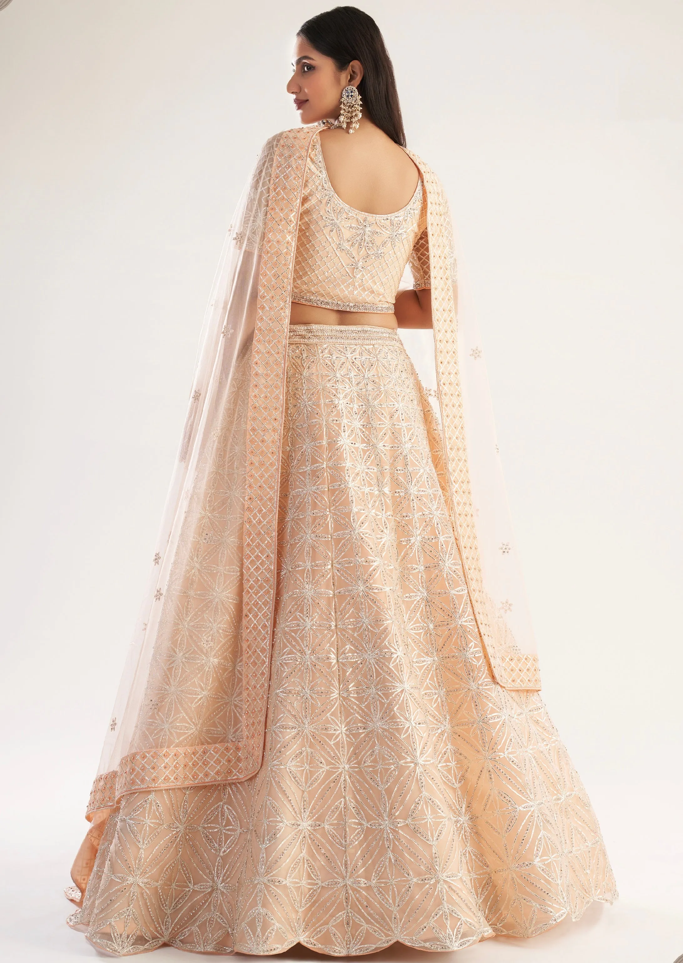 Elegant Peach Net Bridal Lehenga with Ribbon Gota Work and Heavy Zarkan Embellishments