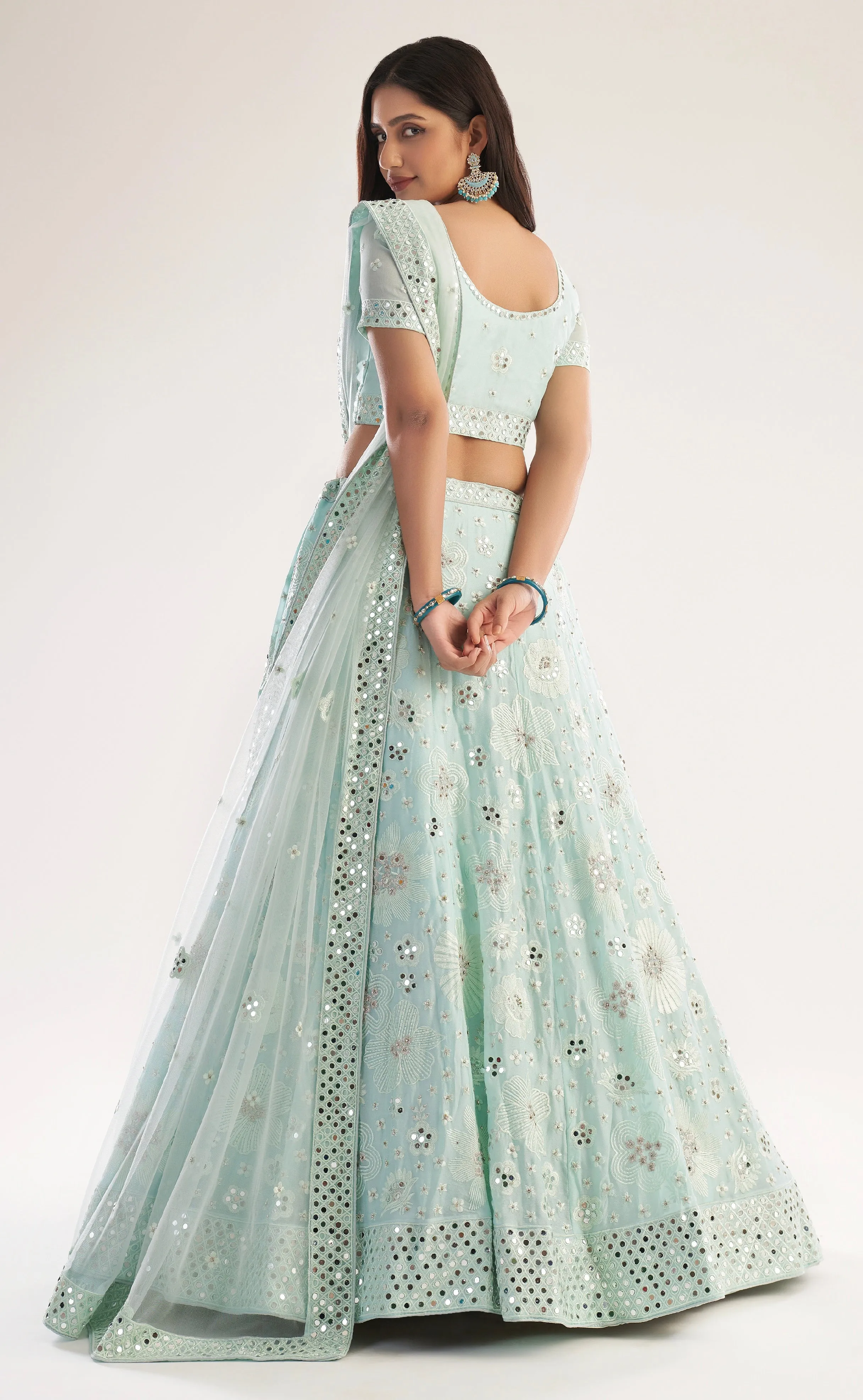 Elegant Sea Green Net Bridal Lehenga with Heavy Thread, Zari Embroidery, Zarkan, and Mirror Work