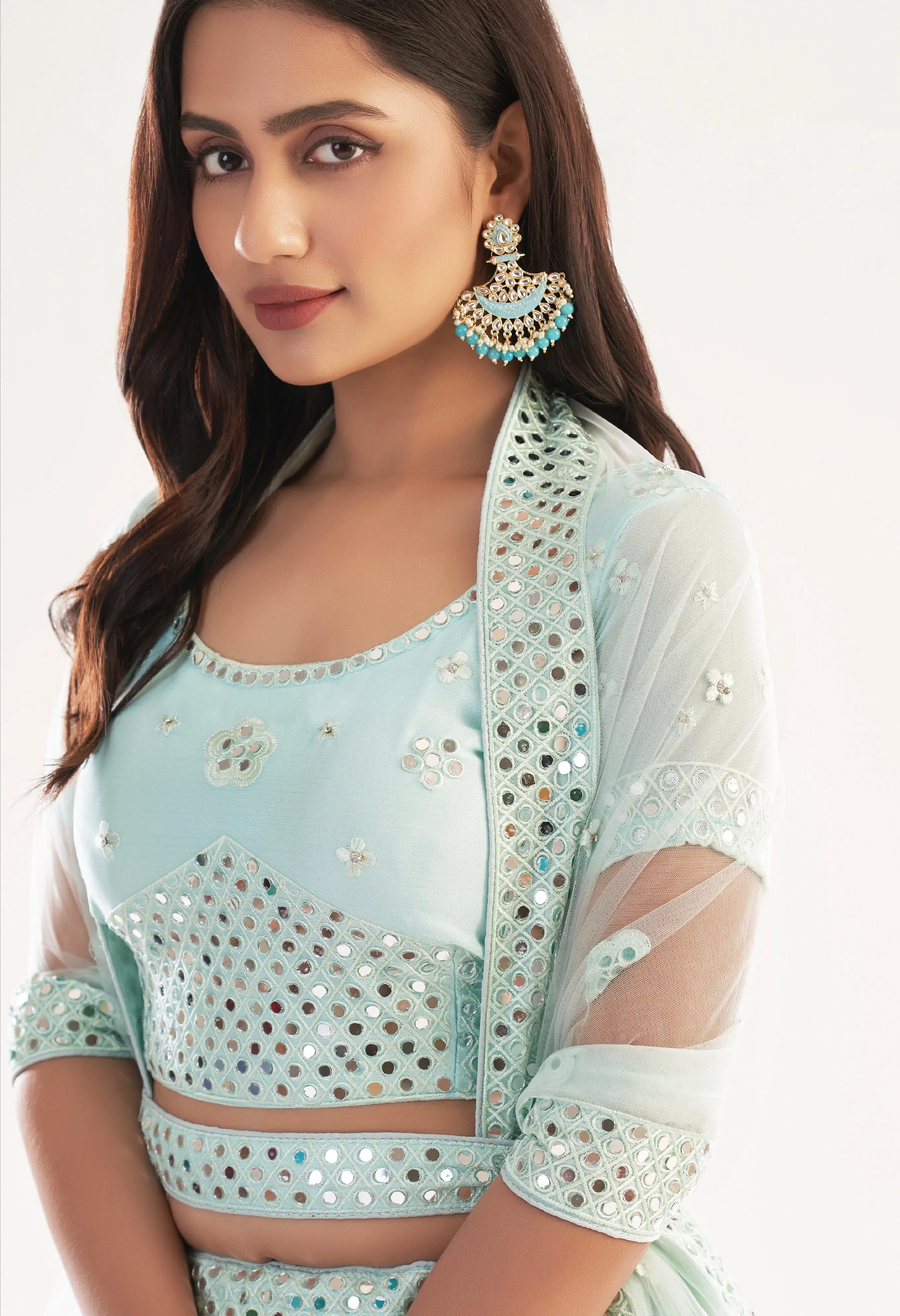Elegant Sea Green Net Bridal Lehenga with Heavy Thread, Zari Embroidery, Zarkan, and Mirror Work
