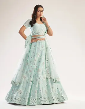 Elegant Sea Green Net Bridal Lehenga with Heavy Thread, Zari Embroidery, Zarkan, and Mirror Work