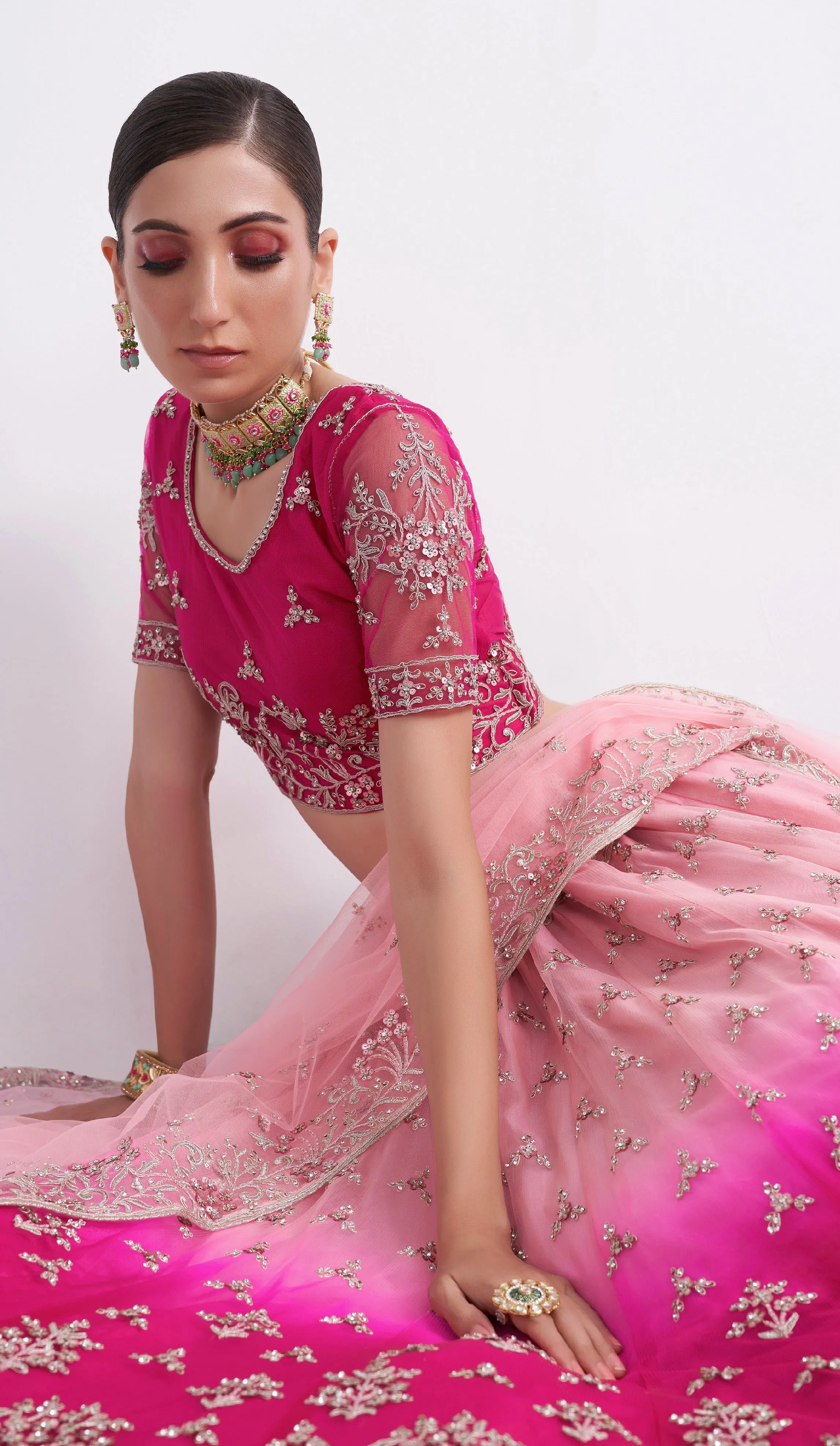 Elegant Shaded Pink Net Blouse & Lehenga with Silk Inner and Net Dupatta
