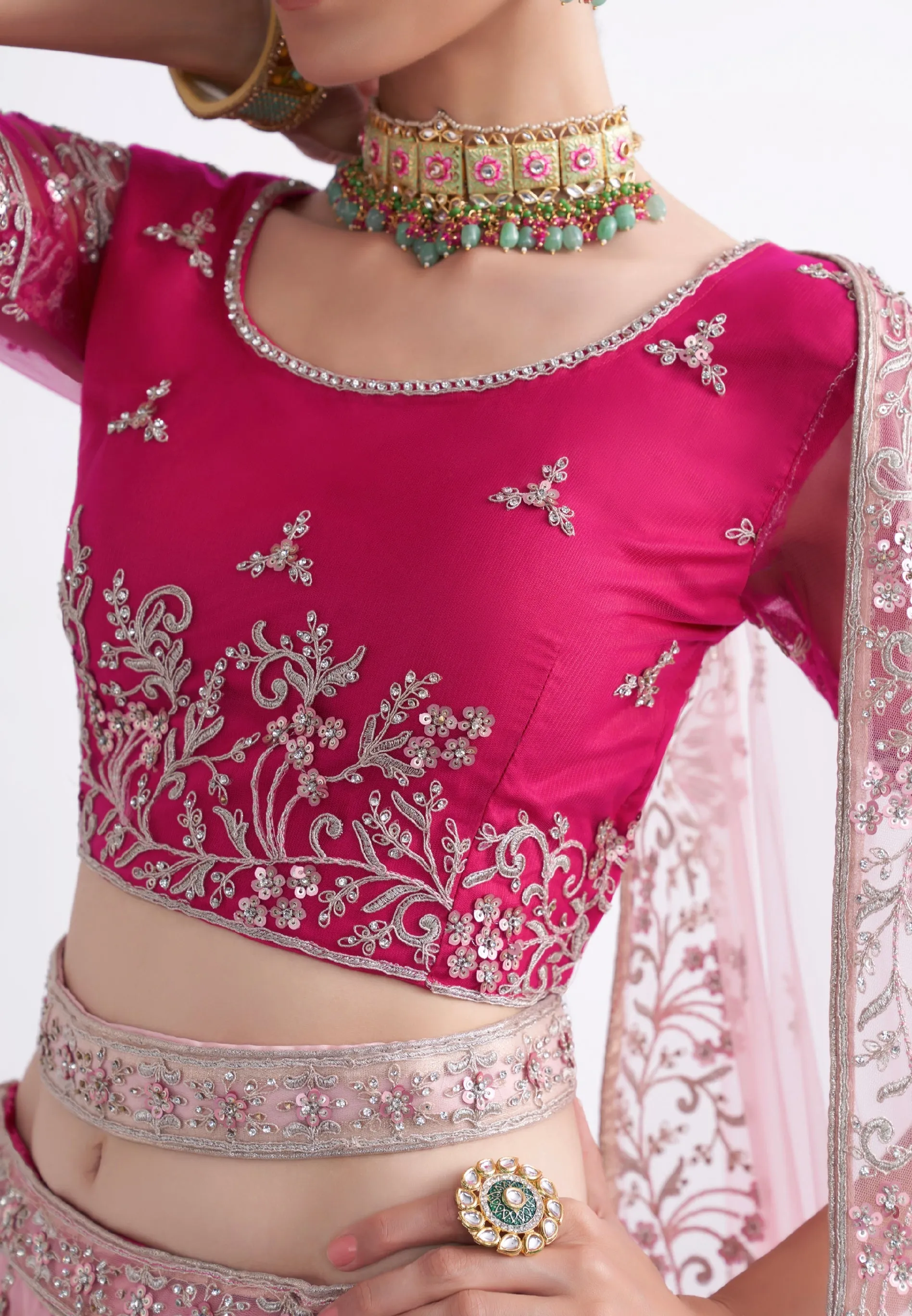 Elegant Shaded Pink Net Blouse & Lehenga with Silk Inner and Net Dupatta