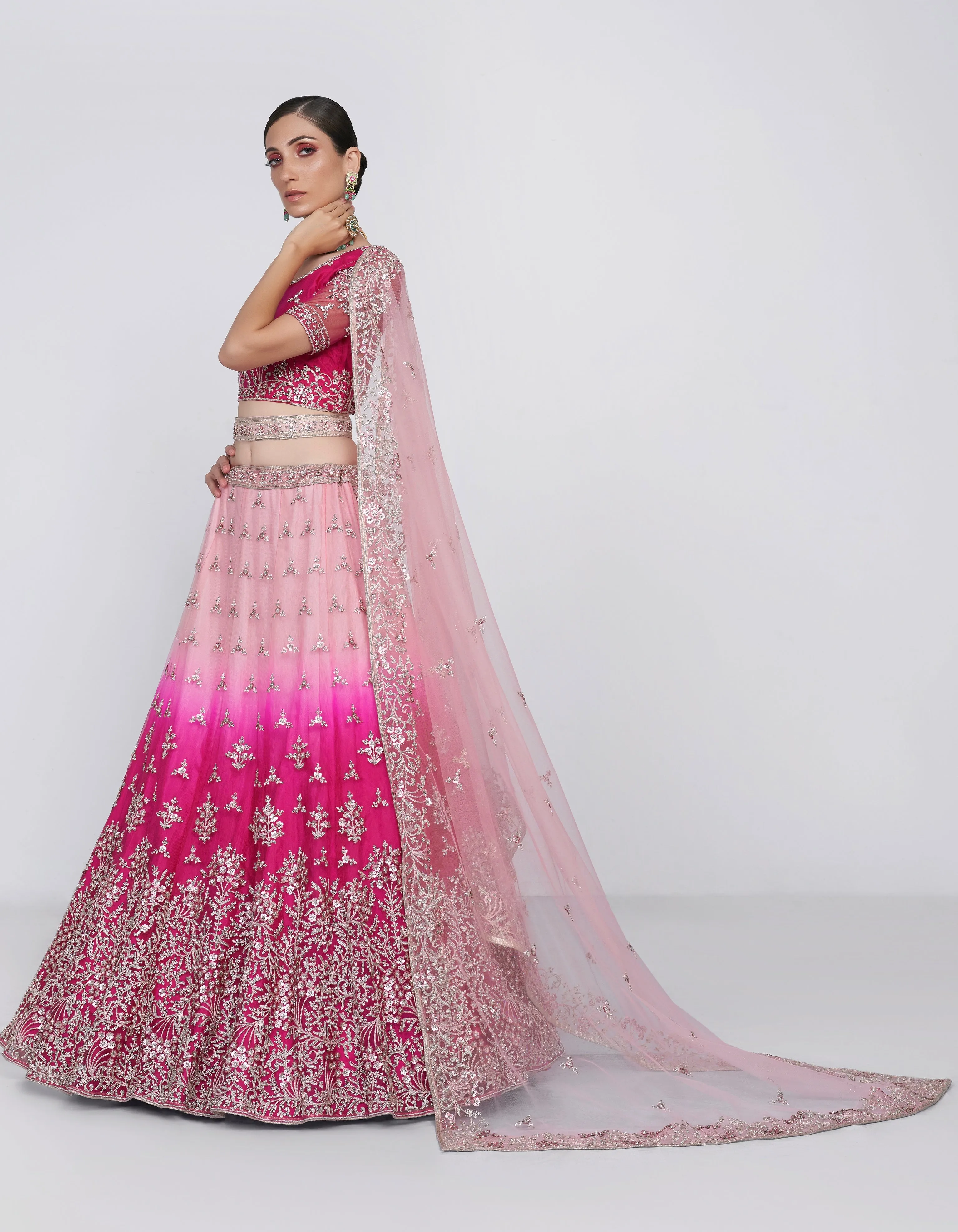 Elegant Shaded Pink Net Blouse & Lehenga with Silk Inner and Net Dupatta