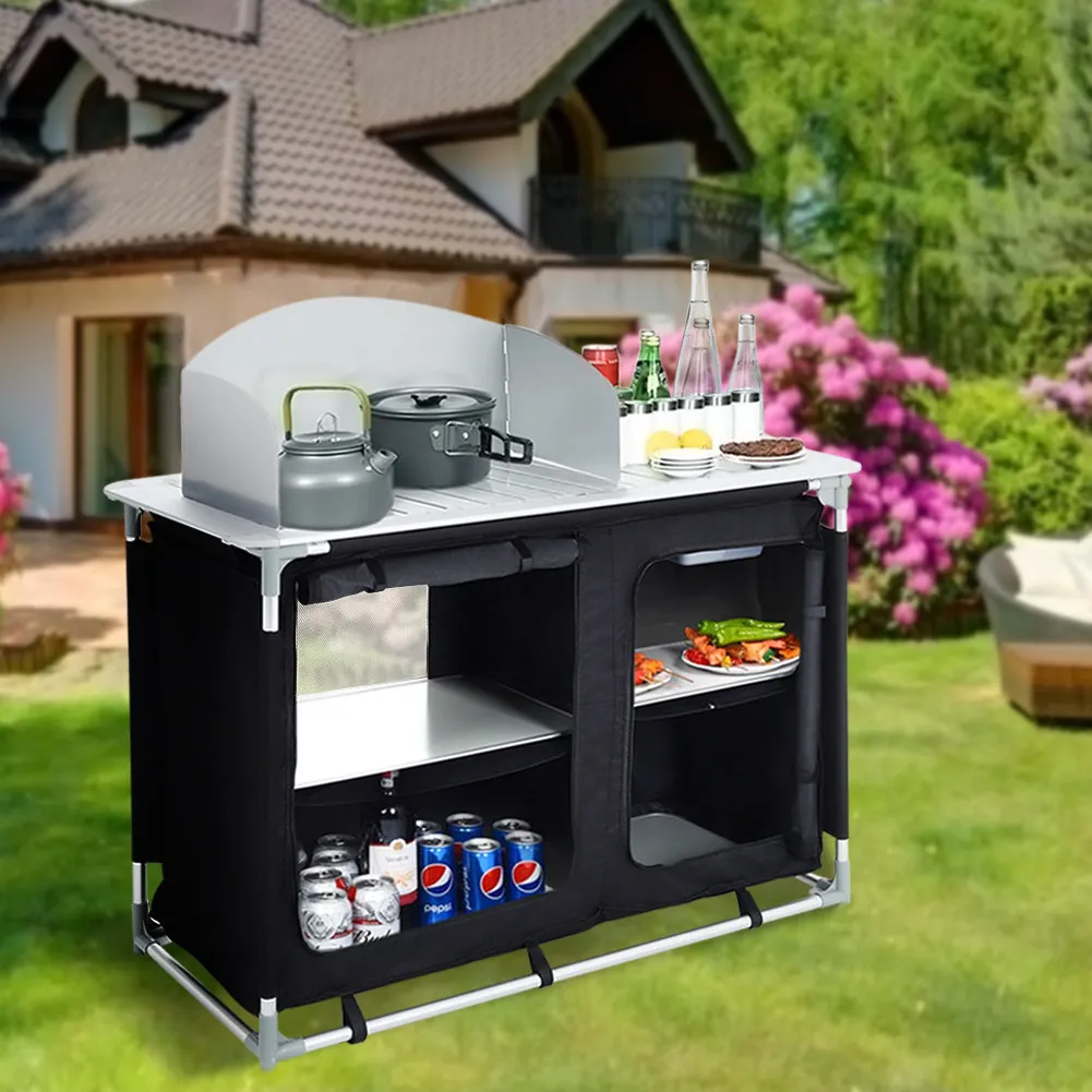 Folding Camping Table Portable Kitchen Storage Cabinet with 2/4 Compartments