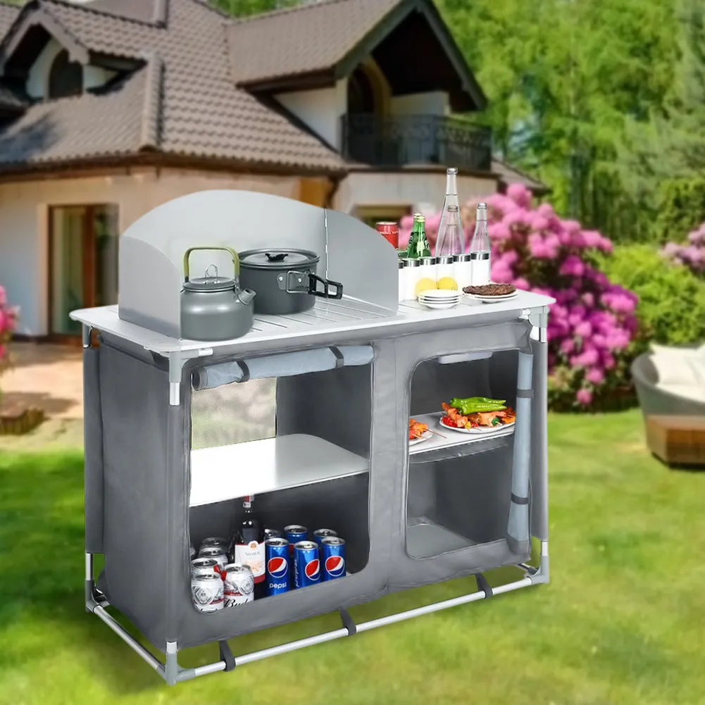 Folding Camping Table Portable Kitchen Storage Cabinet with 2/4 Compartments