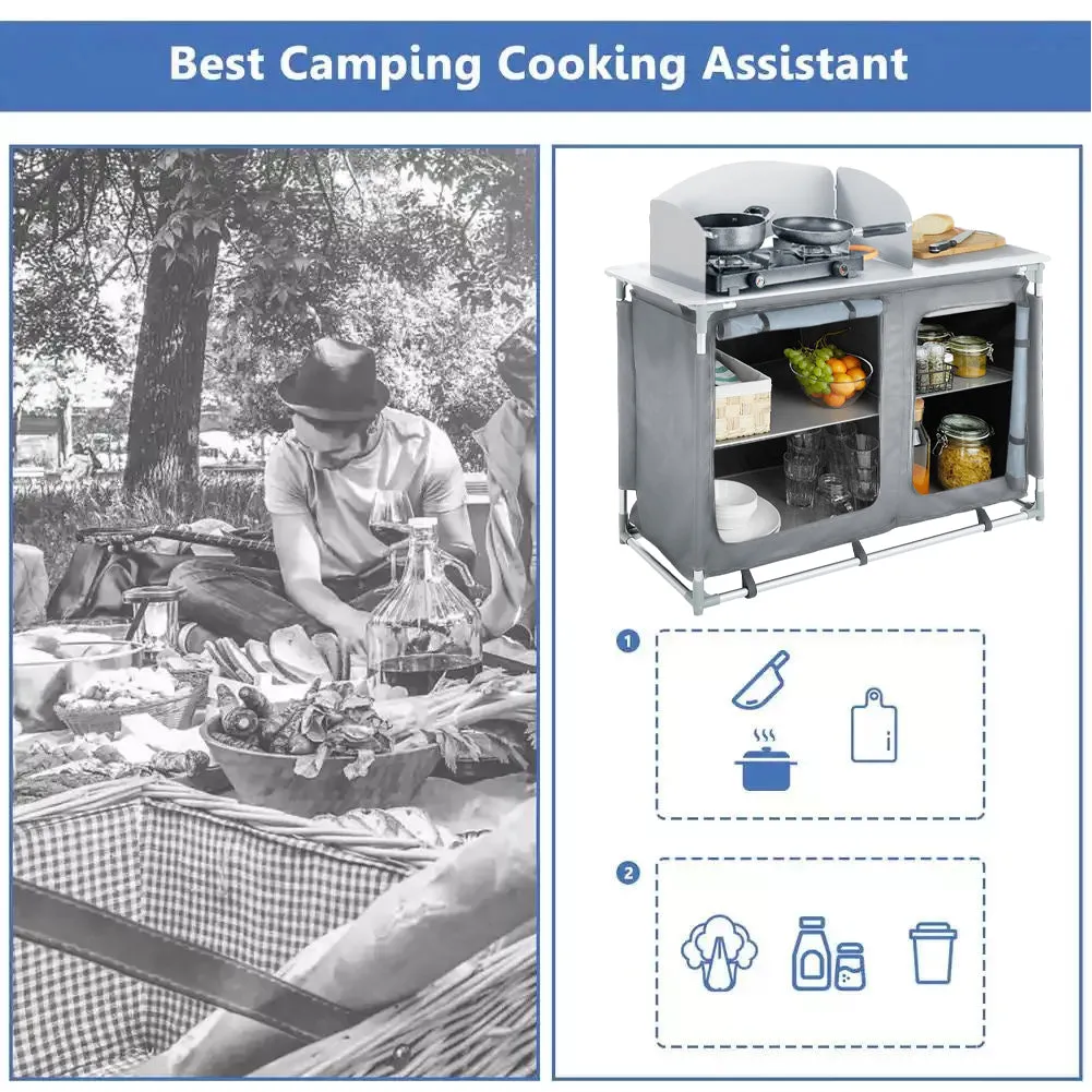 Folding Camping Table Portable Kitchen Storage Cabinet with 2/4 Compartments