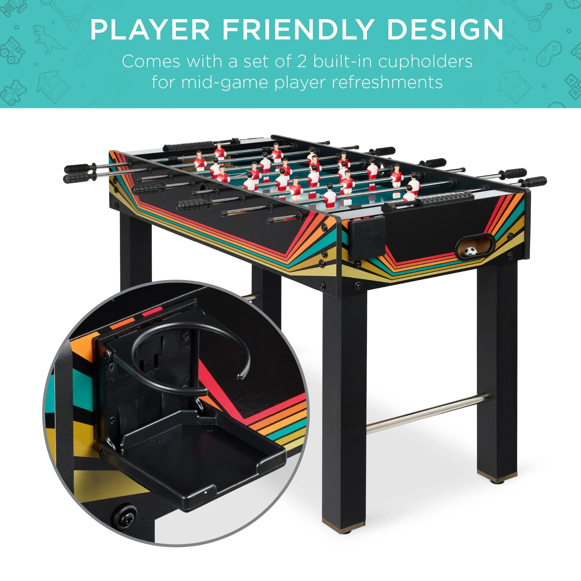 Foosball Game Table, Arcade Table Soccer w/ 2 Cup Holders, 2 Balls - 48in