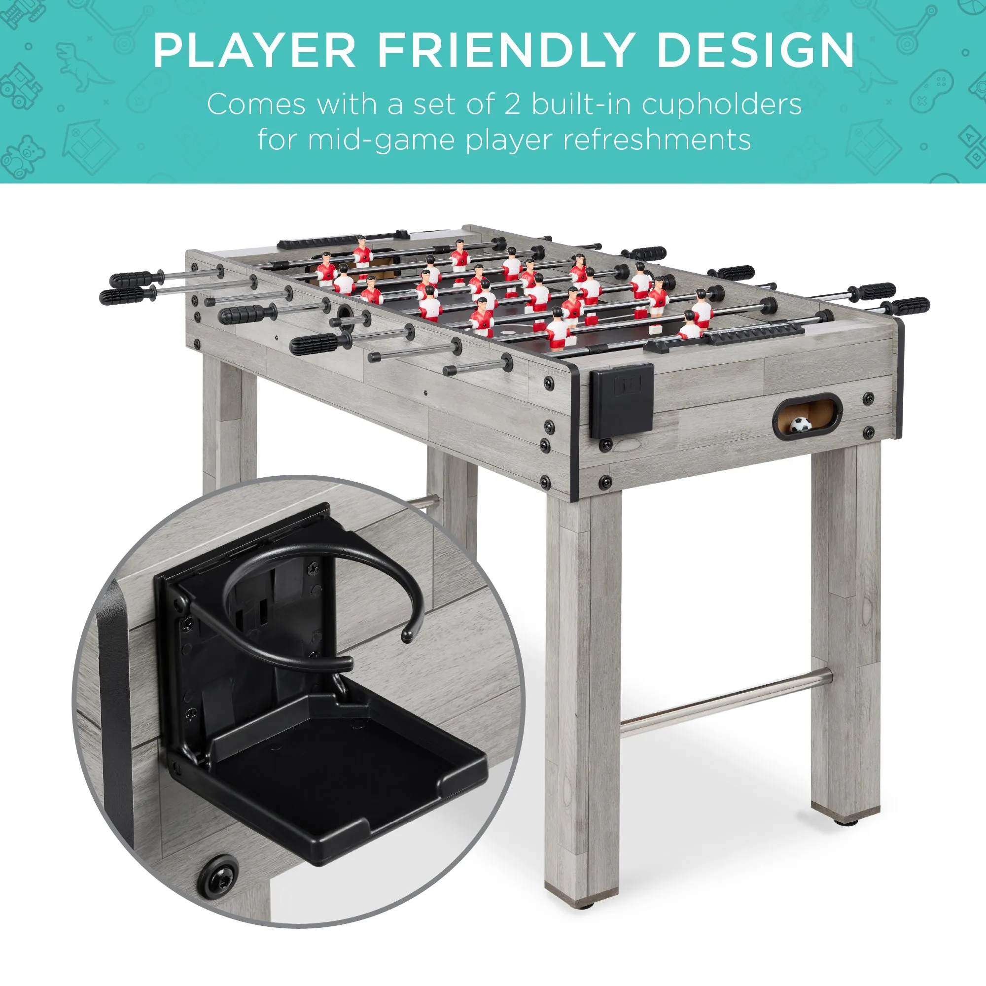 Foosball Game Table, Arcade Table Soccer w/ 2 Cup Holders, 2 Balls - 48in