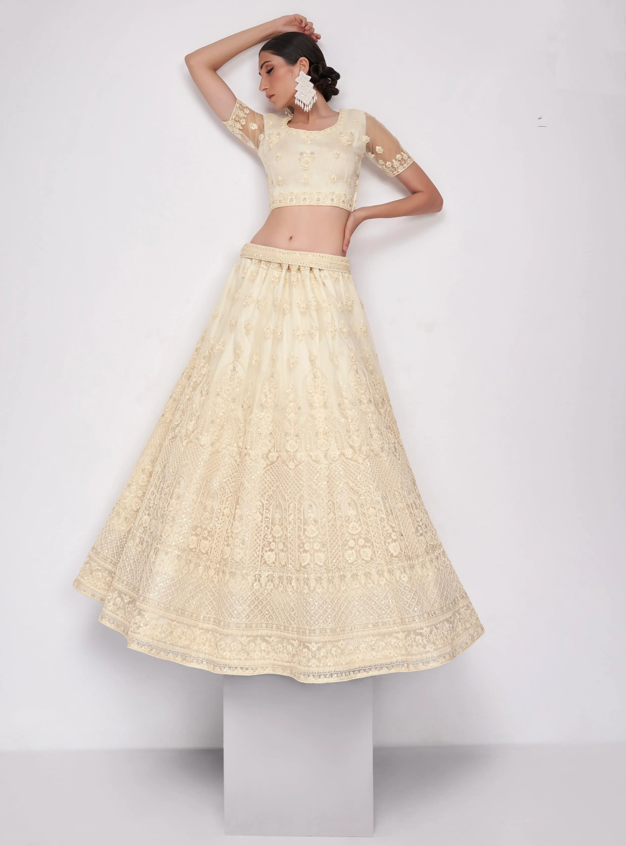 Graceful Off-White Net Lehenga with Cording, Thread & Sequins Embroidery and Stone Embellishments