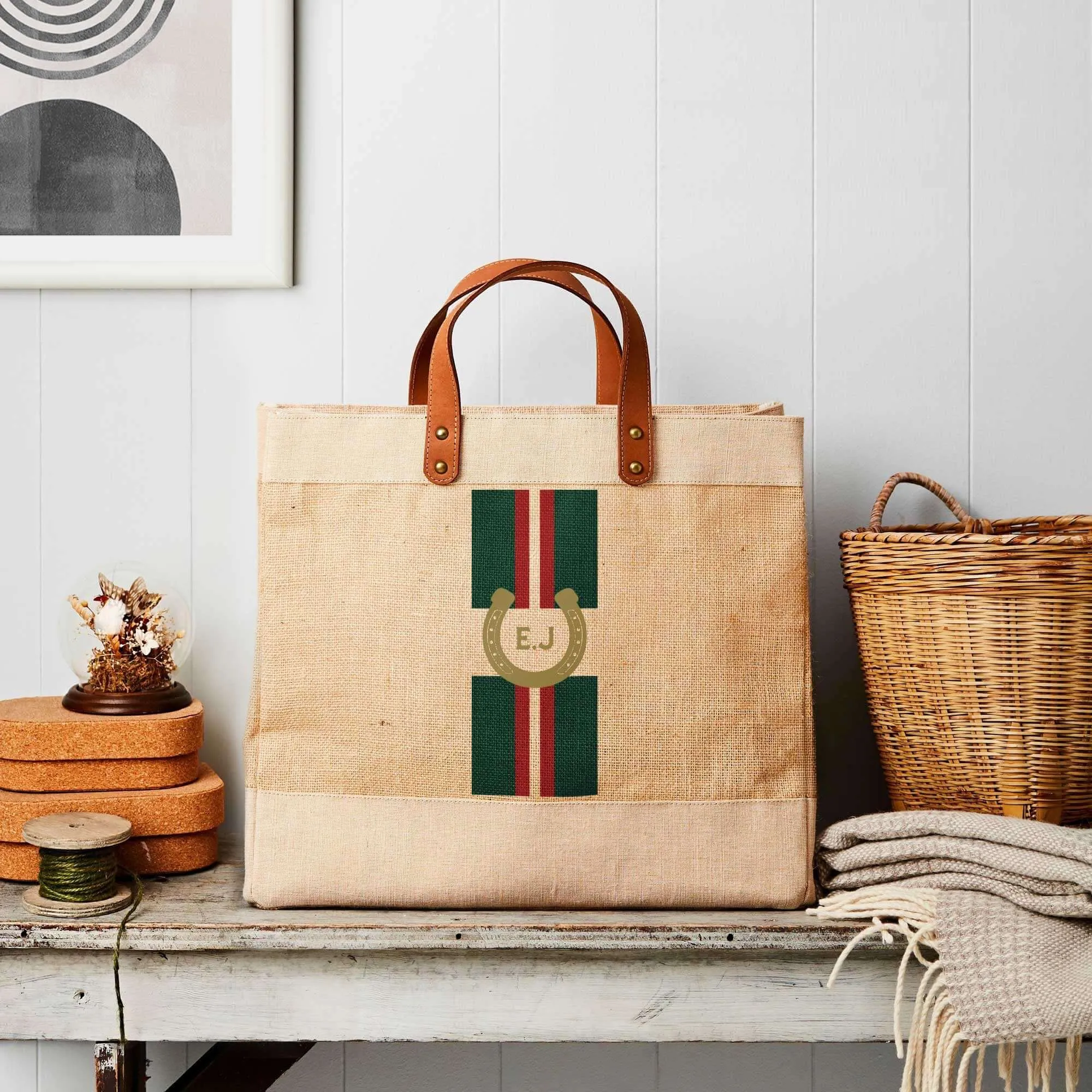 Horseshoe Market Tote - Natural Jute - Green