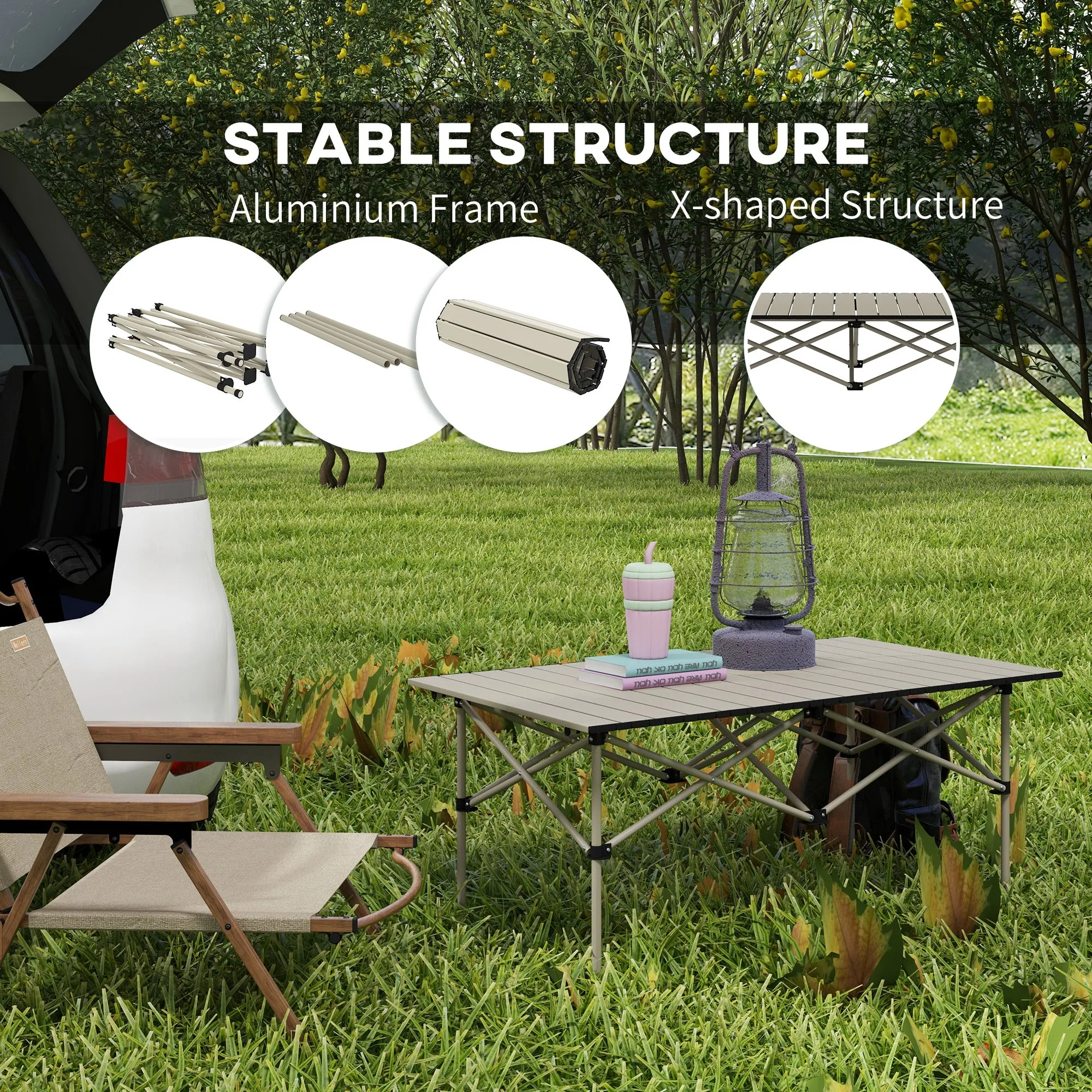 Portable Camping Table, Lightweight Folding Aluminium Picnic Table with Roll Up Top, Carry Bag for Outdoor Picnic, Hiking, Cooking
