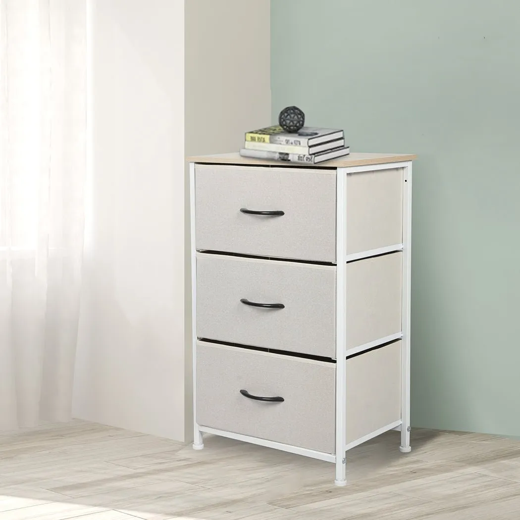 Stylish Bedside Table with 3 Removable Beige Fabric Drawers