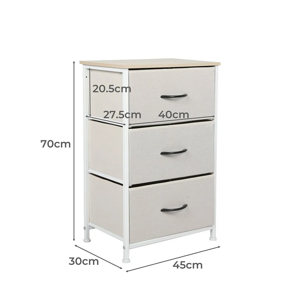 Stylish Bedside Table with 3 Removable Beige Fabric Drawers