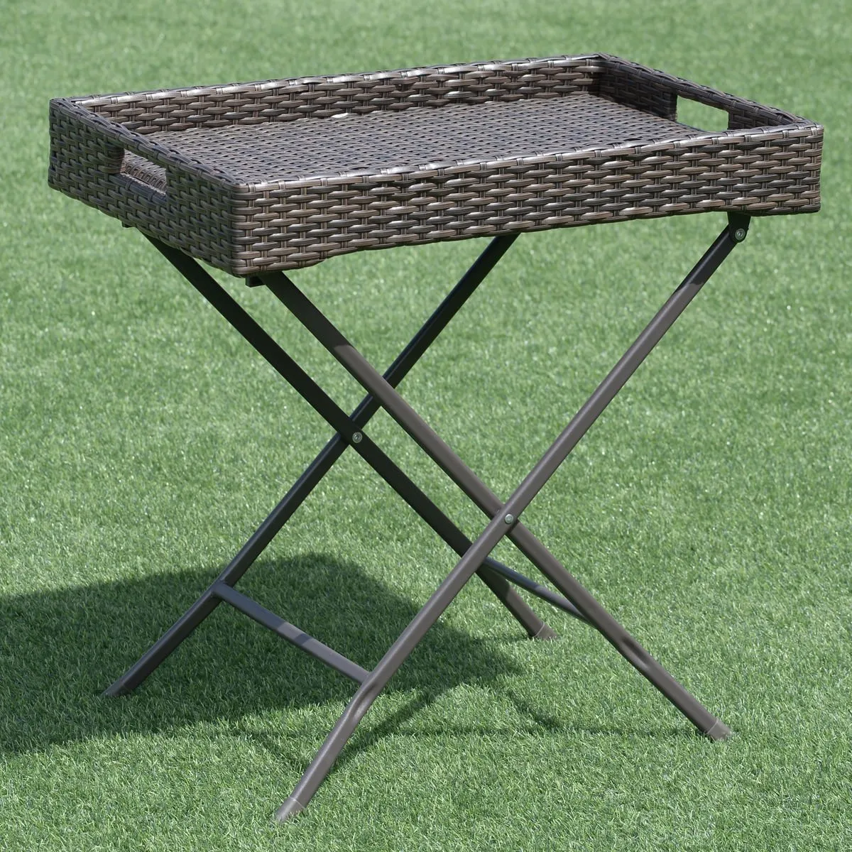 Tangkula Wicker Table Outdoor Patio Wicker Rattan Sofa Side Tray Table Display Stand