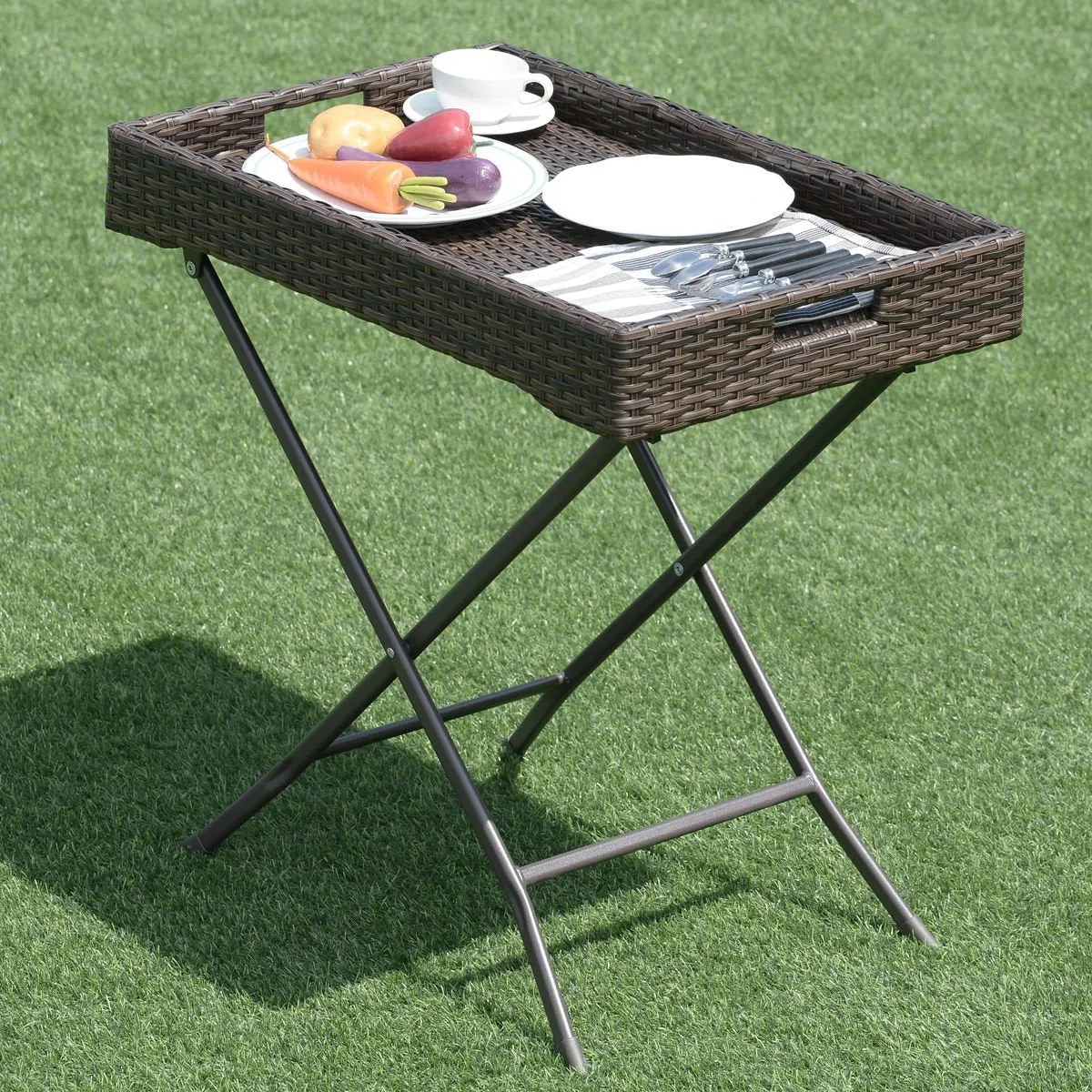 Tangkula Wicker Table Outdoor Patio Wicker Rattan Sofa Side Tray Table Display Stand