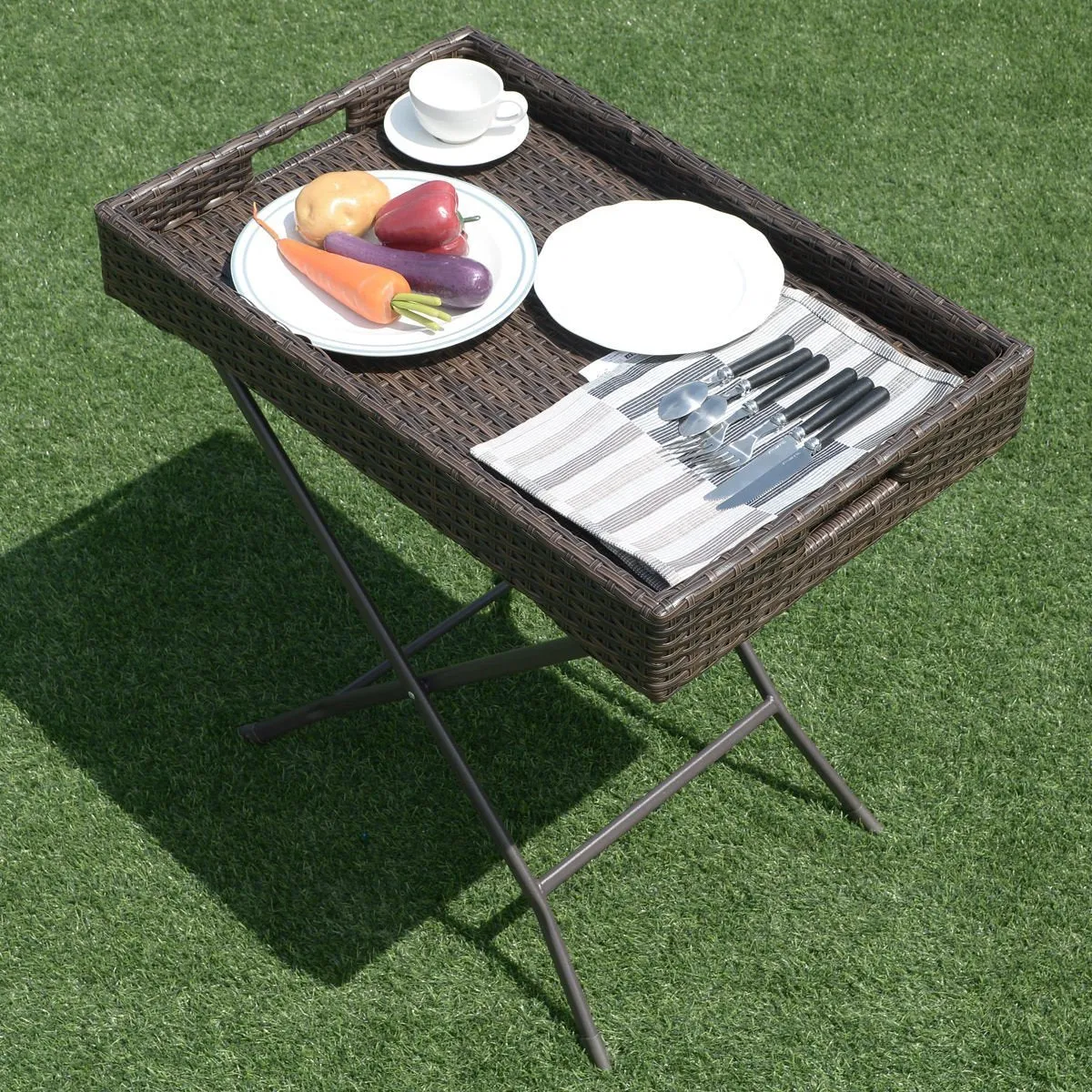 Tangkula Wicker Table Outdoor Patio Wicker Rattan Sofa Side Tray Table Display Stand