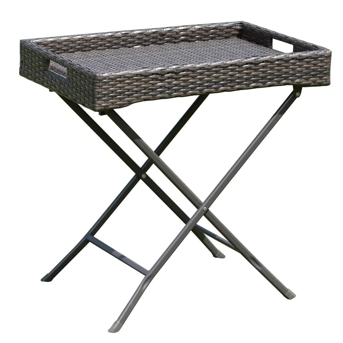 Tangkula Wicker Table Outdoor Patio Wicker Rattan Sofa Side Tray Table Display Stand